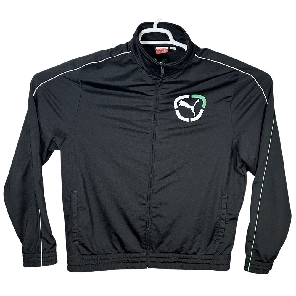 Puma Large Full Zip Jacket Black Green Athletic Warm Up Jacket WN349 EUC